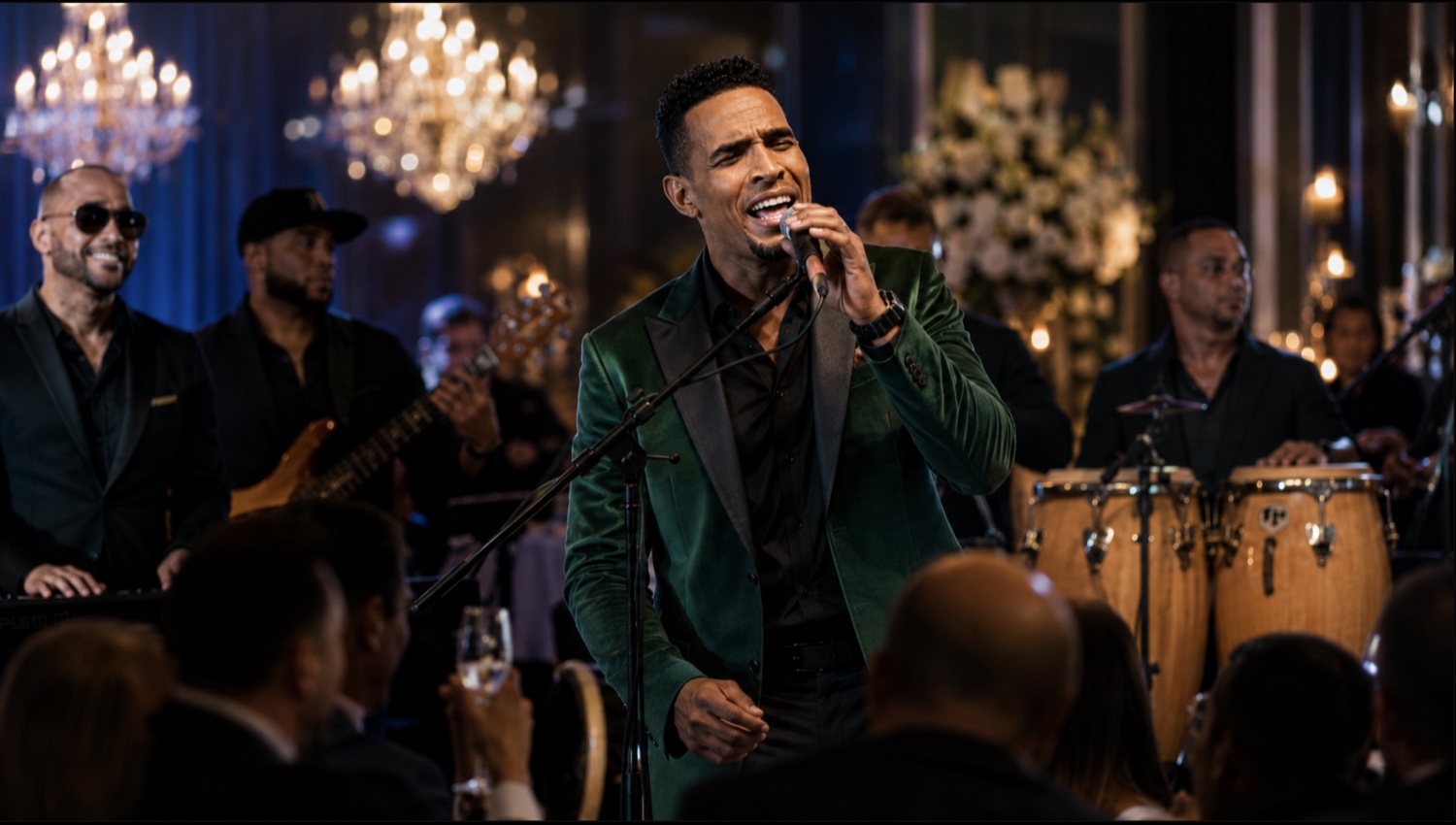Charlie Pe con chaqueta verde, cantando con su banda durante una cena formal.